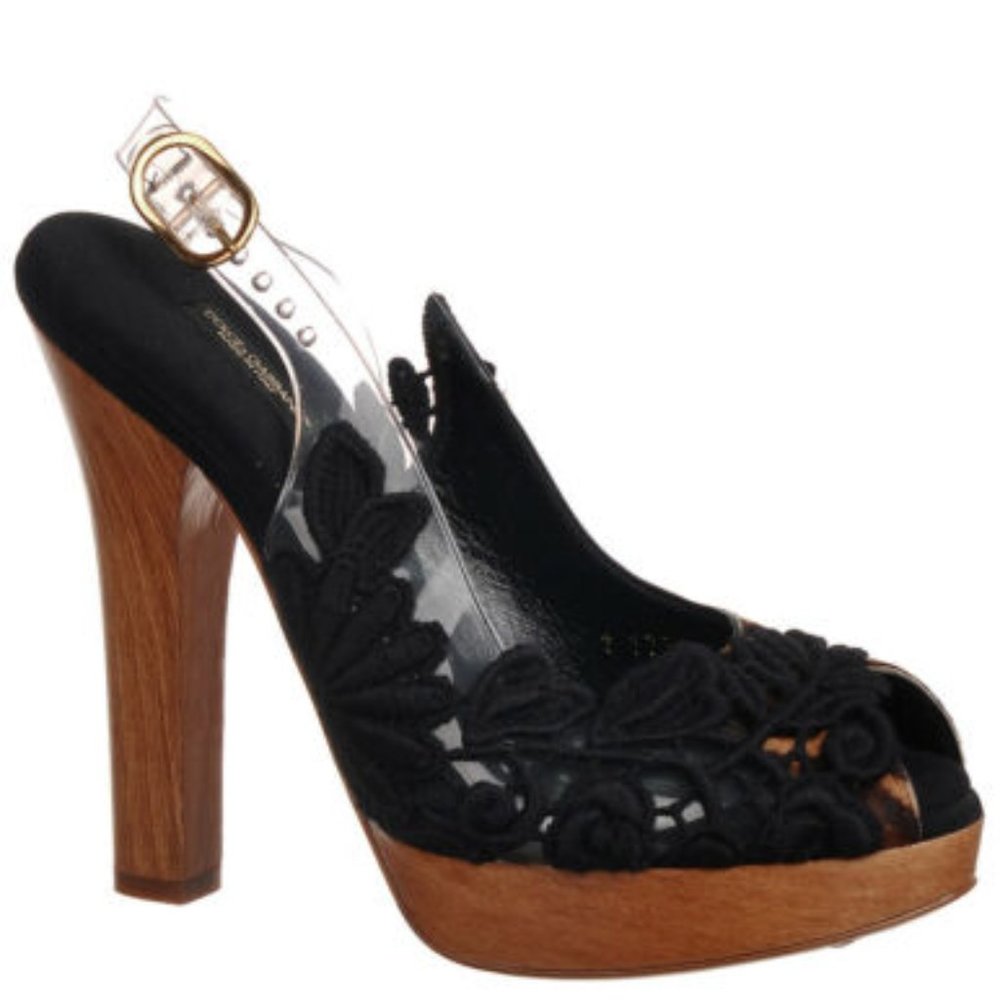 DOLCE & GABBANA Black lace Wooden heel Pumps Size: 10/9 IT40 they run small.